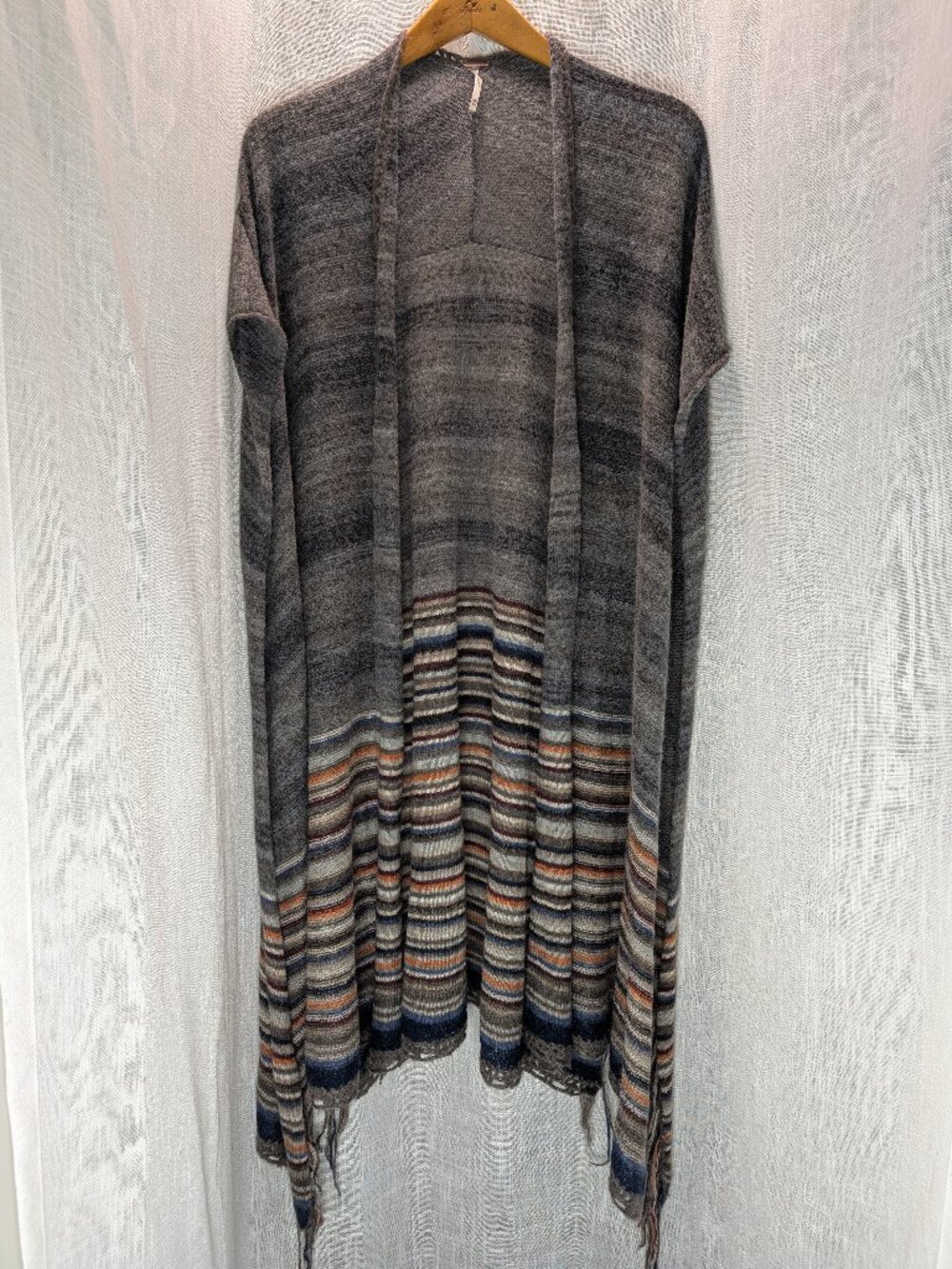 Free People Latitude 30 Gray Wool Blend Striped Poncho Shawl Wrap Fringe
